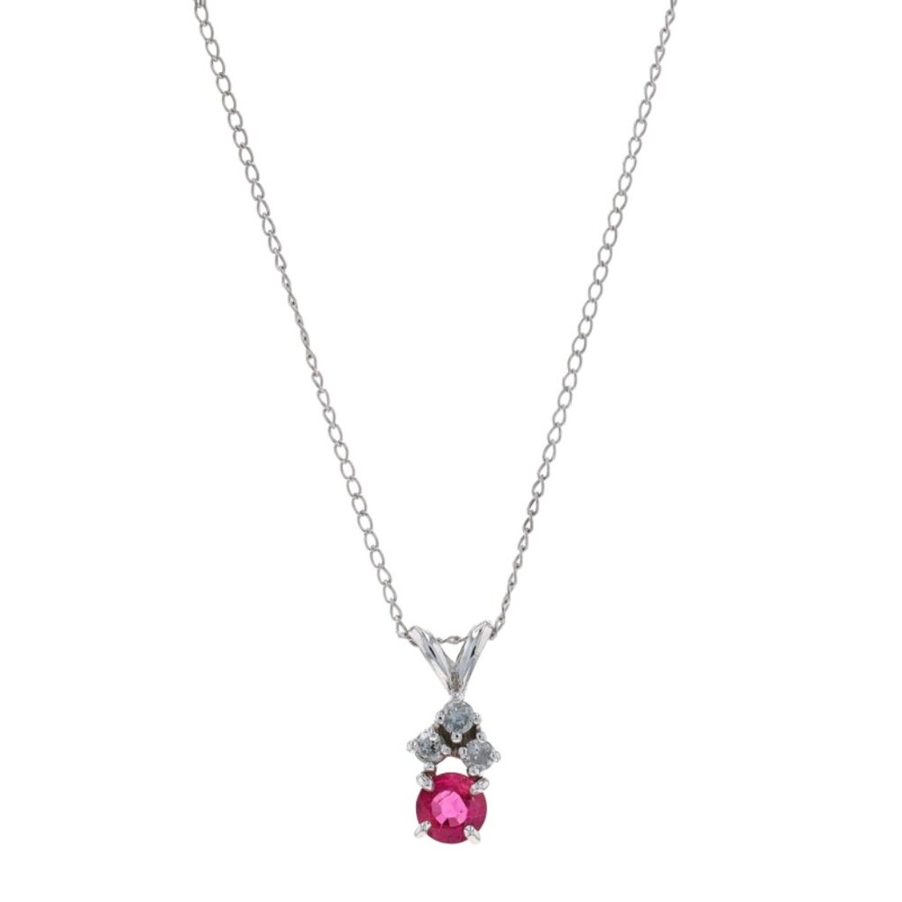 White Gold Ruby & Diamond Pendant Necklace 14 3/4" - 14k Round .72ctw